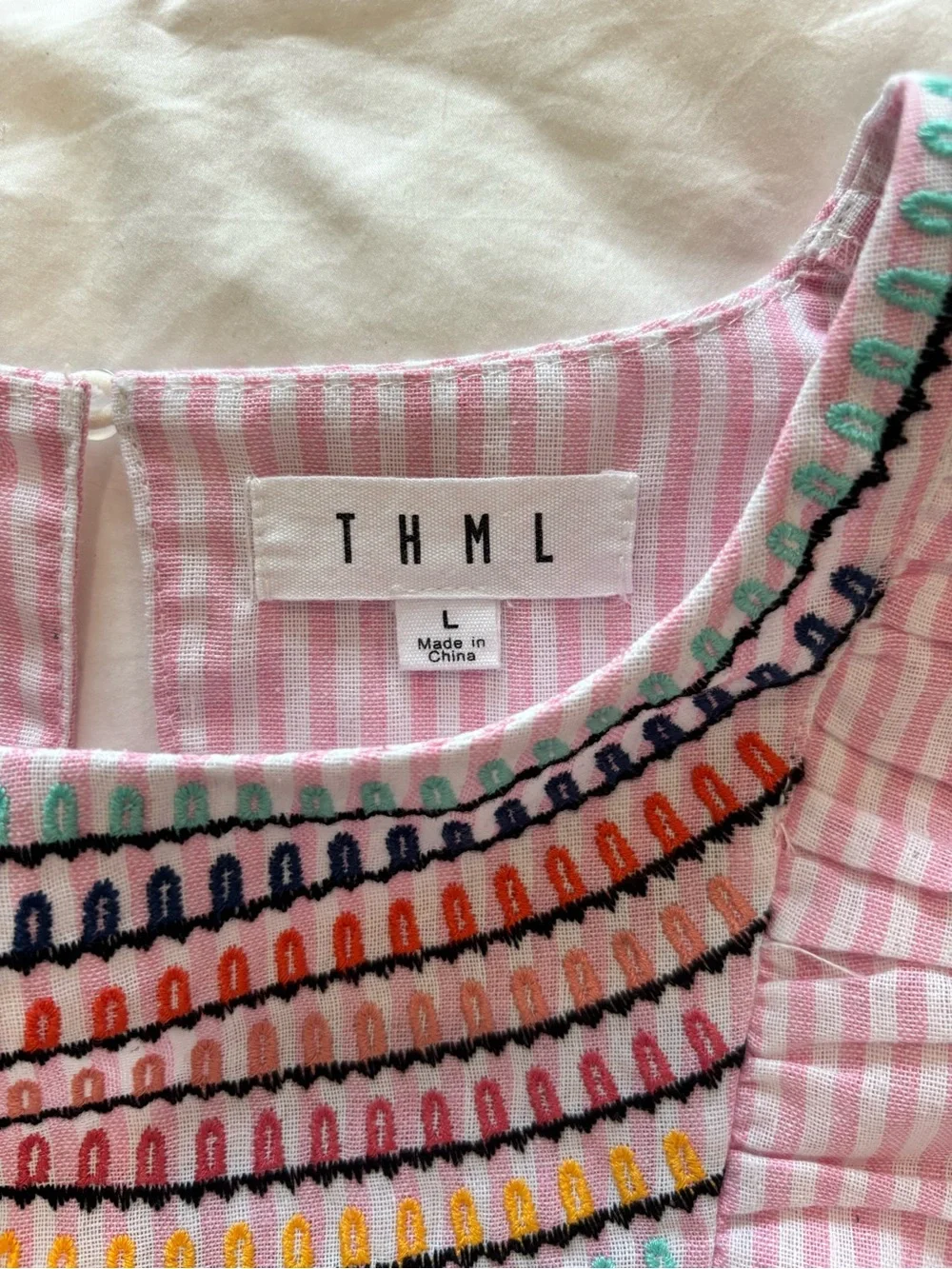 THML Sz L Embroidered Cotton Top Ruffled Sleeves  Pink White Stripes Cottagecore - Picture 7 of 10